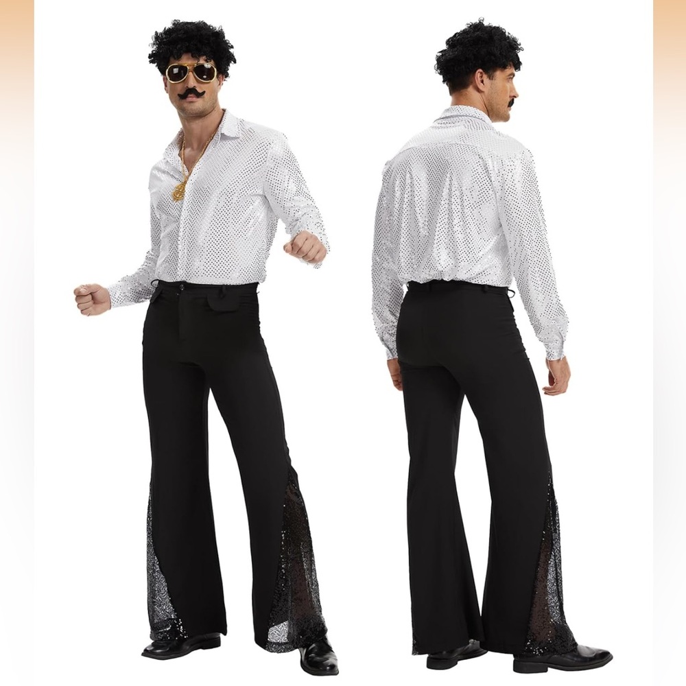 NWT 70s Disco Bell Bottom Pants Retro Shirts Moustache Sunglasses Wig & Necklace